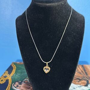 Goldtone Heart Necklace Pendant Floating Faux Diamond Accent